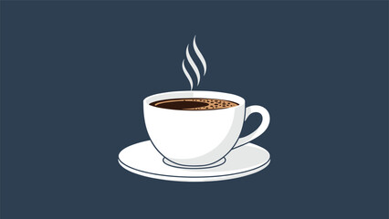 Obraz premium White ceramic cup of steaming hot black coffee sits on a matching saucer against a dark grey background in a minimal composition.