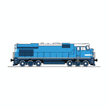 Side view of a blue diesel locomotive with white accents and six wheels