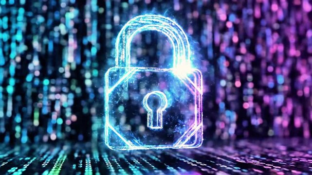A futuristic digital illustration of a large padlock with a blurred binary code background