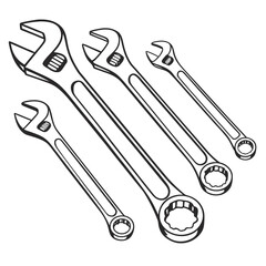 Set of four outline wrenches including an adjustable wrench and three combination wrenches, arranged diagonally on white background for various repair work