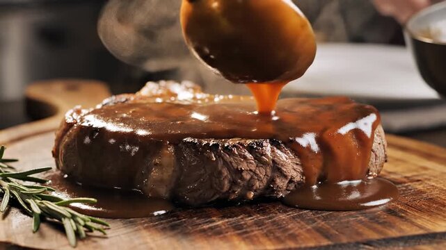 Juicy Grilled Steak Topped With Rich Brown Sauce Served On A Wooden Board With Rosemary Garnish