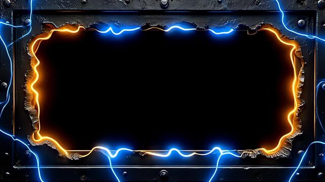 Emerging against a pure black backdrop, a Metallic industrial Border Frame forged in dark steel is illuminated by shimmering layers of soft cobalt blue and bright yellow lights that ripple