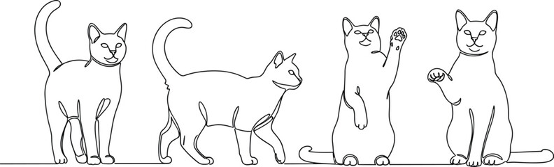 Continuous line drawing of four cats in various poses, minimalist feline vector art, playful kitten sketch, elegant pet illustration, animal line work, isolated on white background © MostMonira