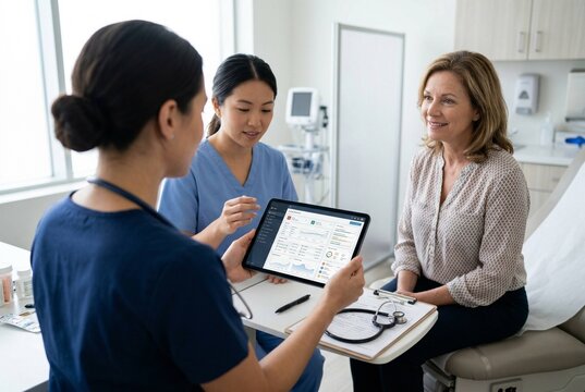A photorealistic healthcare workflow scene shows a doctor and nurse reviewing an AI-assisted triage interface on a tablet in a bright clinic room while a patient sits nearby, feeling reassured and