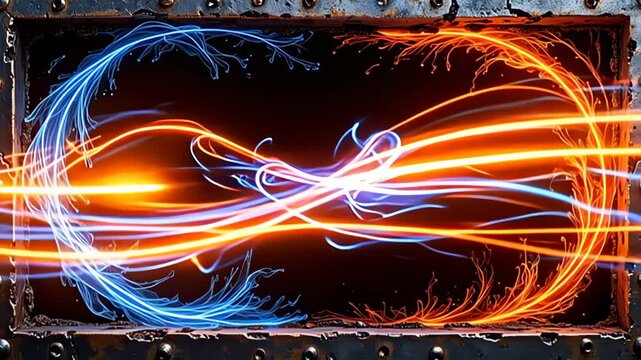 Emerging from a pure black void, a Metallic industrial Border Frame forged in dark steel captivates as radiant streaks of electric blue and fiery orange spiral around it, the dynamic motion