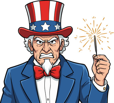 Angry Uncle Sam Holding Sparkler Expressing Strong American Patriotism