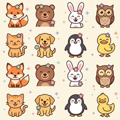 Obraz premium Cute Cartoon Animal Characters with Flowers