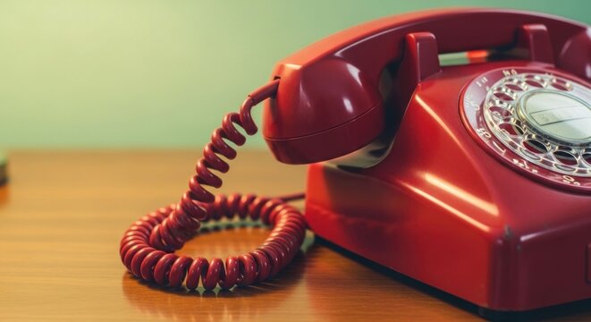 Classic red dial phone on wood surface, close-up view