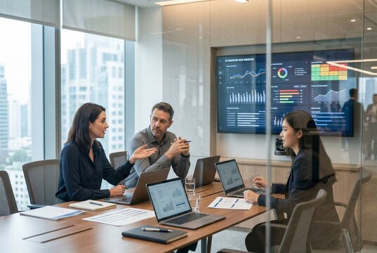 A photorealistic finance workplace scene showing an analyst and a small team in a glass meeting room reviewing AI-assisted risk insights on a large monitor while discussing trade-offs and strategies