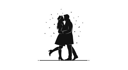 Fototapeta premium Silhouette of a couple kissing passionately amidst falling confetti, celebrating love and romance.