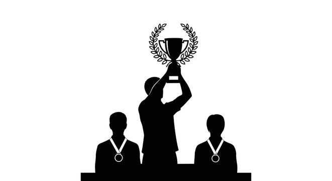 Silhouette of a Champion Holding a Trophy Above Two Runners-Up on a Podium