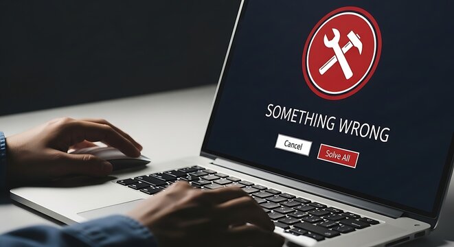 A person experiencing technical difficulties on a laptop with an error message