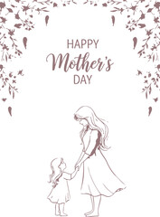 Fototapeta premium Minimalist line art illustration for Happy Mother's Day featuring a mother and daughter holding hands