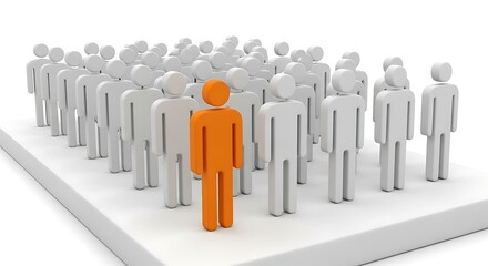 A single orange figure standing out in a crowd of gray people