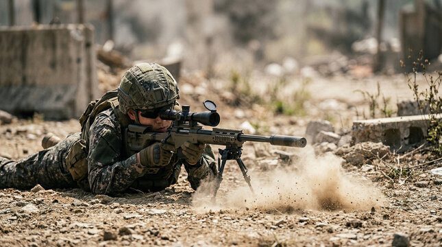 Korean soldier lying prone with a rifle in dry grass