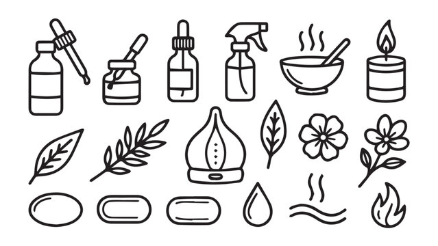 Set of 16 essential oil icons vector, aromatherapy symbols