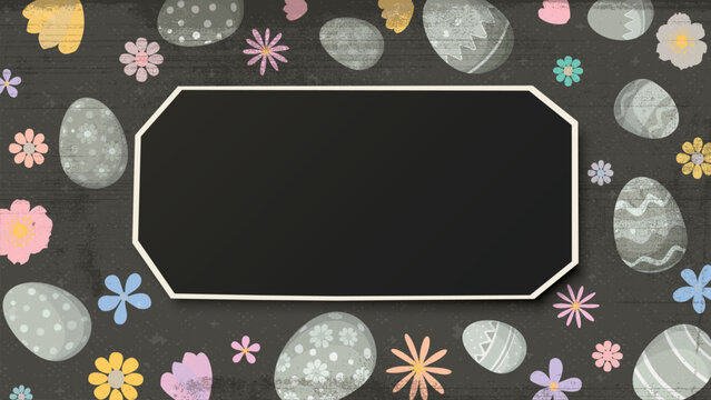 Happy Easter greeting card, poster or banner hand drawn with defect printing from copy machine have blank paper freeform frame.