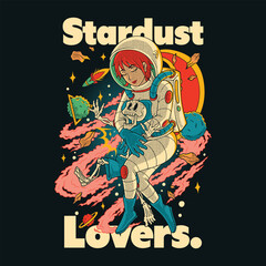 Obraz premium Retro Cartoon Astronaut Girl Hugging Skeleton in Space Illustration