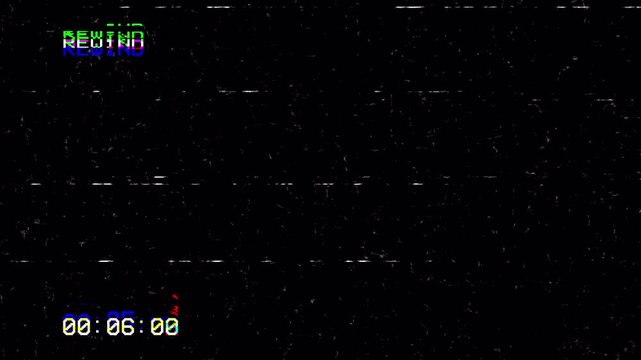 VHS Tape Retro Rewind Screen with Glitch Static Noise, Analog Timecode, and Rewind Text Overlay on Black Background 4k video animation seamless loop