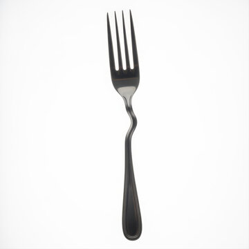 Bent fork with unique twist isolated on a white background, showcasing sleek metallic design and reflective surface