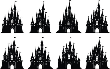 Fototapeta premium Castle silhouette collection, medieval fortress designs, fantasy architecture, gothic towers, fairy tale castles, vector illustration, black silhouette, mysterious structures