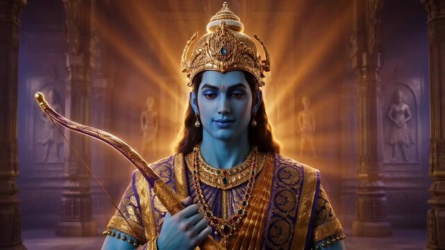 Divine Portrait of Lord Rama Holding Bow  Embellished with Gold Jewelry and Crown in a Sacred Temple Setting