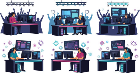 Professional esports gamers streaming gameplay at computer setups with RGB lighting, competitive gaming tournament scenes flat vector illustration collection © Sanjida