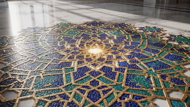 Ornate Geometric Mosaic Pattern Illuminated by Sunlight on Marble Floor in Grand Hall