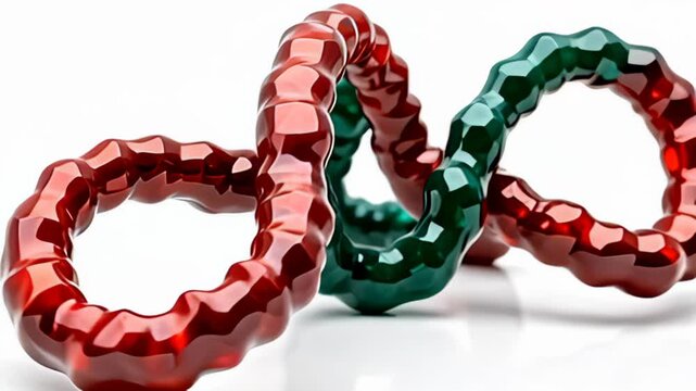 Immerse yourself in the beauty of a dynamic molecule coiling in soft toroidal motion, emphasizing bold crimson and deep emerald hues, spiraling elegantly as illuminated facets glimmer and