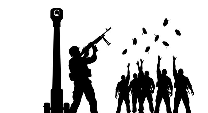 Silhouette of Soldier Firing Machine Gun and Grenades Falling on Opposing Crowd