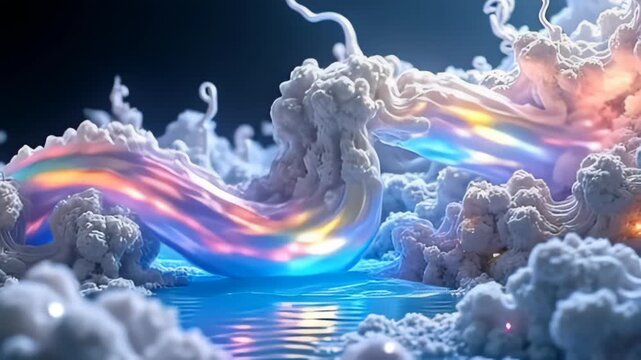 Set against a pristine backdrop, a futuristic molecule flowing like digital river loop emerges as swirling tendrils composed of iridescent colors, twisting and coiling fluidly, where each