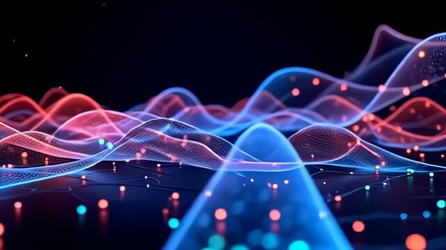 A captivating display unfolds as a futuristic molecule flowing like digital river loop dances across a spotless background, transitioning through intricate geometric designs, where bursts