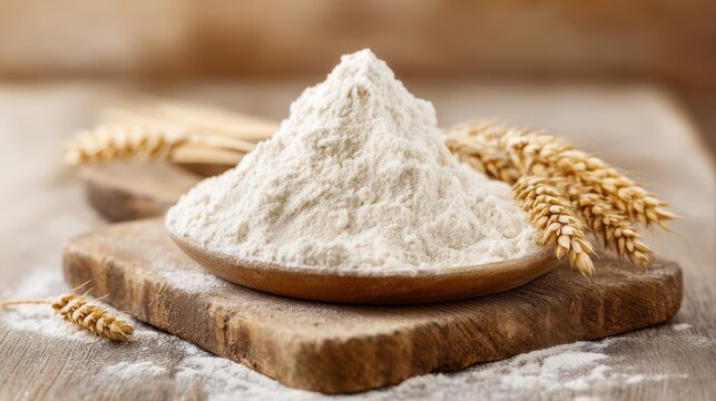 Small mound of fine white flour on a rustic wooden board with wheat stalks beside it, showcasing natural ingredients in a kitchen setting