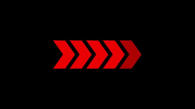 A series of five red chevron arrows pointing to the right with a gradient of color from bright red to a darker red on a solid black background representing forward motion and direction
