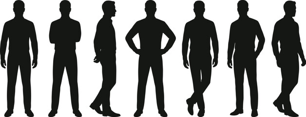 Men silhouette poses, standing posture illustration, body language design, fashion figure outline, vector silhouettes, black male figures, modern style © English boys