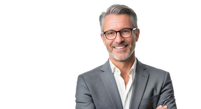 Professional man in suit smiling confidently against plain background isolated on white background