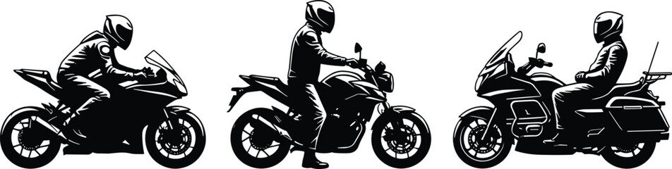 Motorcycle silhouettes with riders illustration, sport bike design, touring bike concept, standard bike posture, speed, adventure, travel, lifestyle, performance, motion © English boys