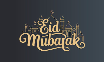 Eid Mubarak greeting card with mosque illustration and golden text on dark background