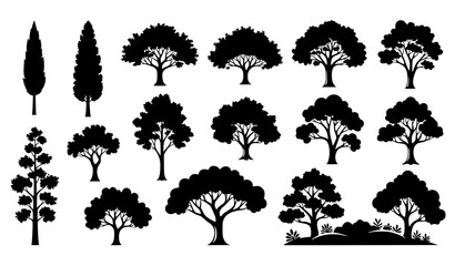 Minimal black tree silhouettes set of 18 forest and landscape trees vector isolated on white © abdul