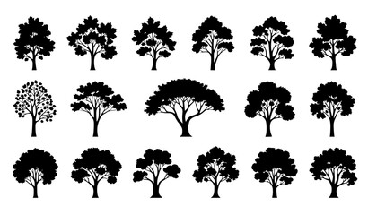 Set of 18 black tree silhouettes vector collection with diverse foliage and trunk styles isolated on white background © abdul