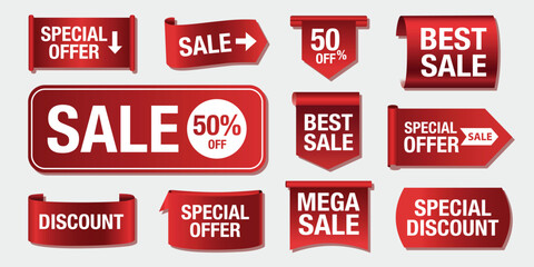 Red sale banners and labels for advertising and marketing purposes  discounts and offers