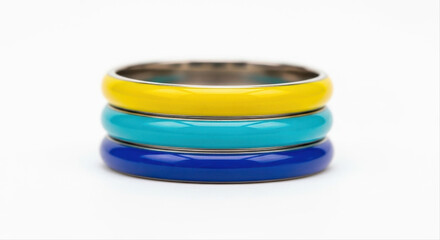 Vibrant enamel ring stack featuring yellow, teal, and blue hues isolated on a pristine white background