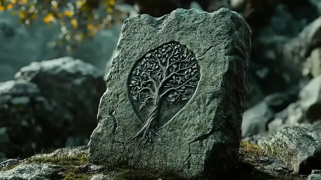 Ancient Stone Carving of Tree Symbol.
