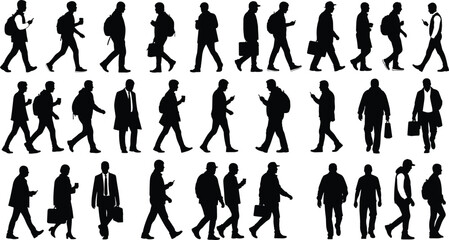 Fototapeta premium Walking business people silhouettes collection, men and women commuters with bags and smartphones, professional crowd movement black silhouette vector illustration set