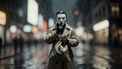 Naklejka premium Mysterious Figure in Rain Holding Bag Money at Night in Cityscape