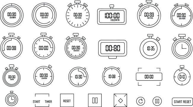 Stopwatch and timer interface icons collection with digital countdown displays, sport chronometer symbols and time measurement controls outline vector illustration set