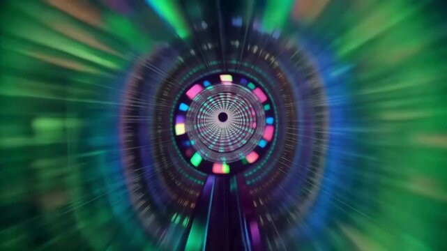 Abstract Neon Spiral. A mesmerizing, high-speed tunnel of swirling colorful neon lights and patterns.