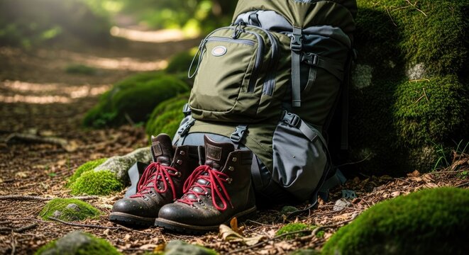 Hiking gear, boots with red laces, backpack resting on mossy trail
