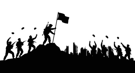 Silhouette of soldiers raising flag on destroyed city ruins, victory and triumph concept