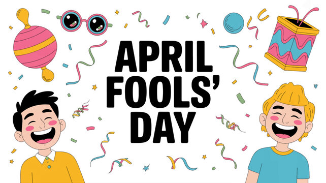 Two friends laughing on april fools' day with colorful confetti and prank items around them